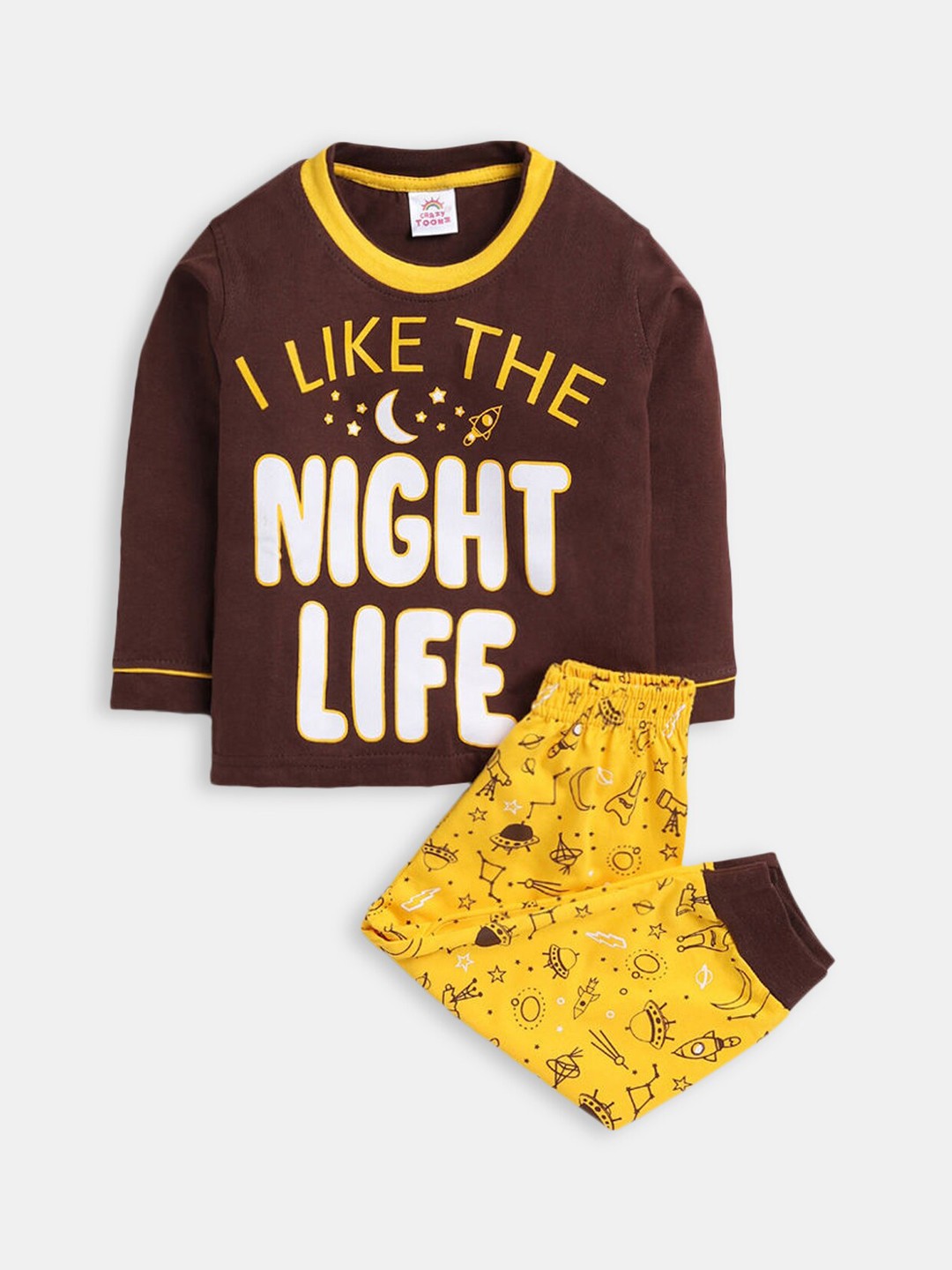

Hopscotch Boys Printed Pure Cotton Night suit, Brown