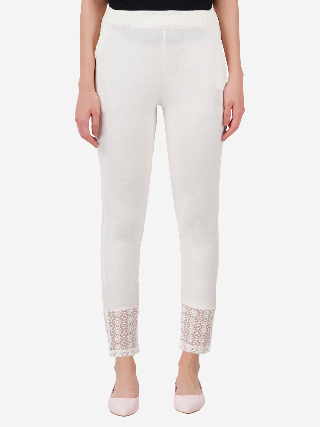 

indian flower Women Plus Size Slim Fit Cigarette Trouser With Lace, White