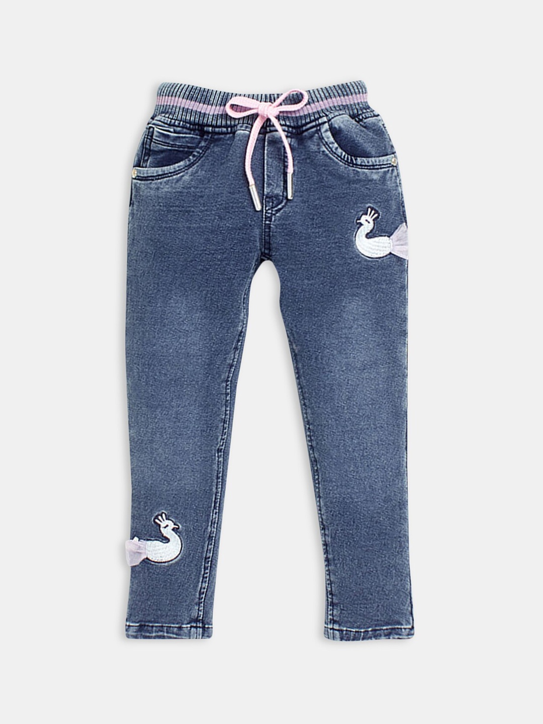 

Hopscotch Girls Comfort Fit Heavy Fade Embroidered Cropped Casual Jeans, Blue