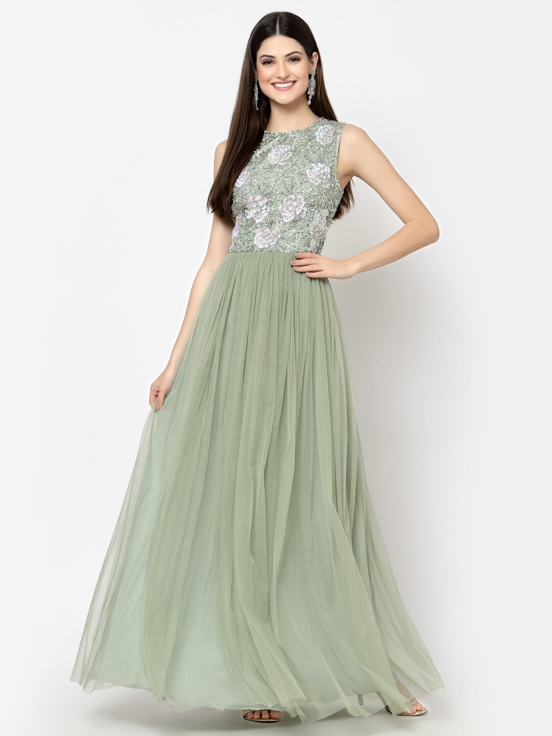 

Just Wow Floral Embroidered Net Ethnic Maxi Ethnic Dress, Sea green
