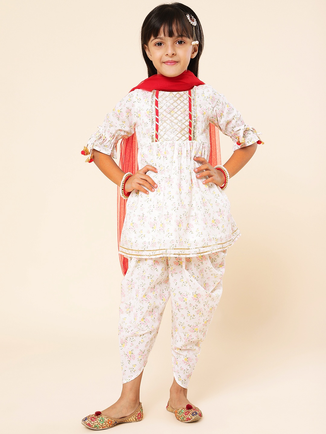 

A.T.U.N. Girls Floral Printed Gotta Patti Pure Cotton Kurti with Dhoti Pants & Dupatta, Off white