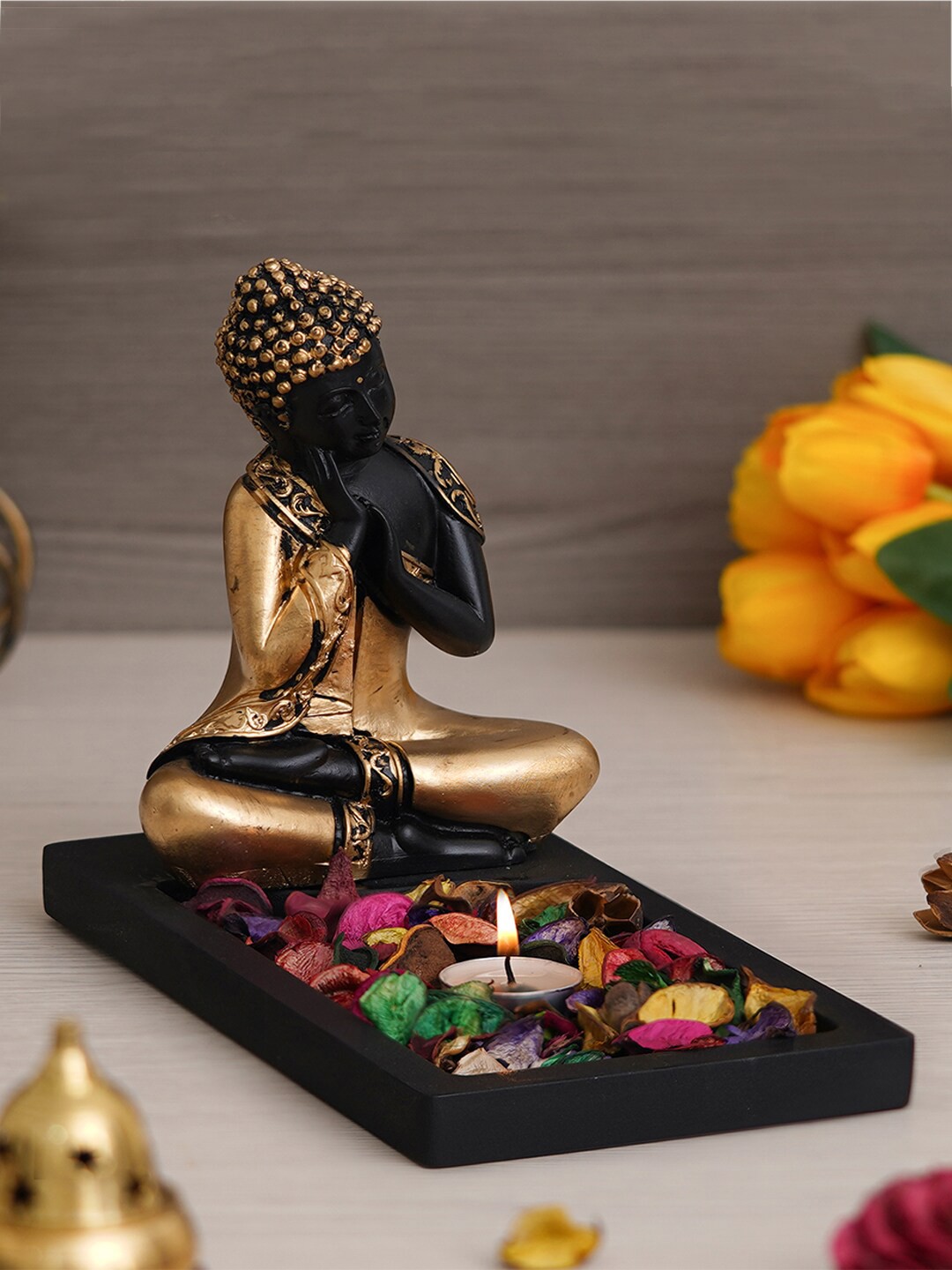 

eCraftIndia Black & Gold-Toned Textured Gautam Buddha Showpieces With Tea-Light Holder