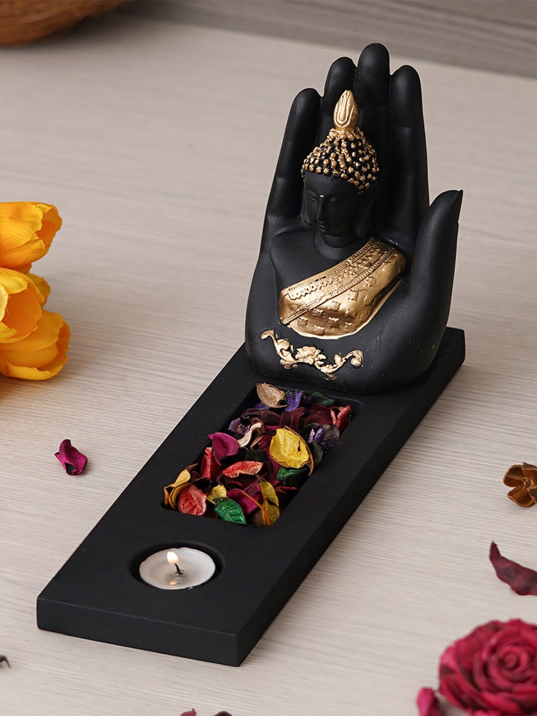 

eCraftIndia Black & Gold-Toned Textured Gautam Buddha Showpieces With Tea-Light Holder