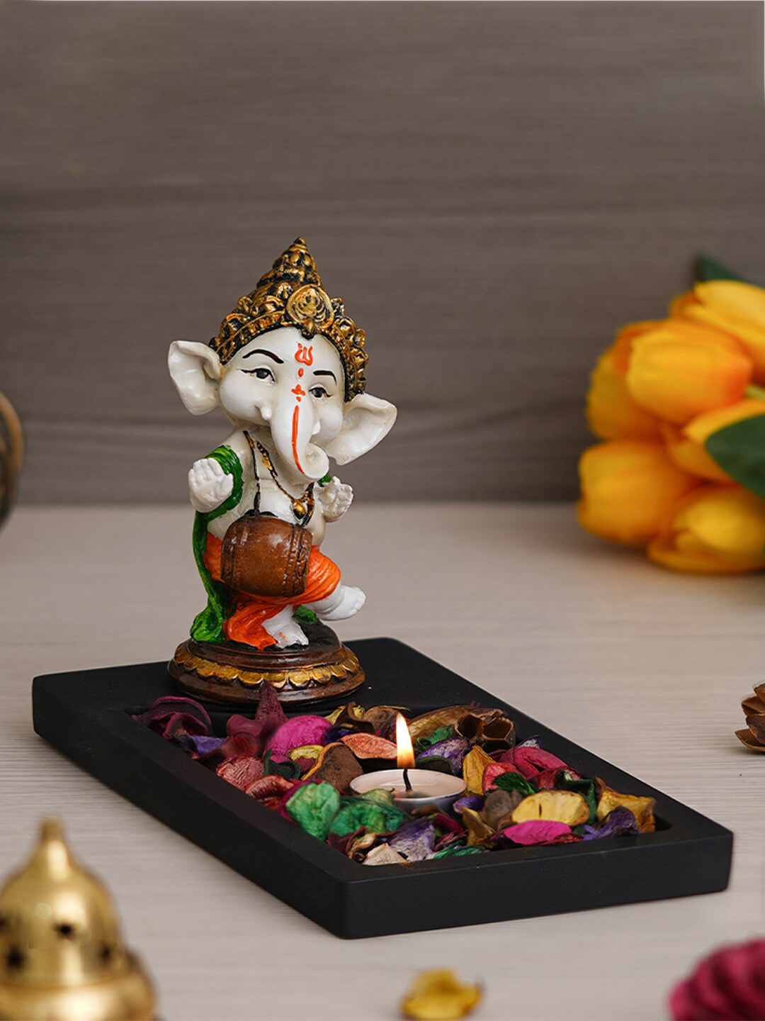 

eCraftIndia Black & Orange Colored Baal Ganesh Playing Dholak Idol Showpiece