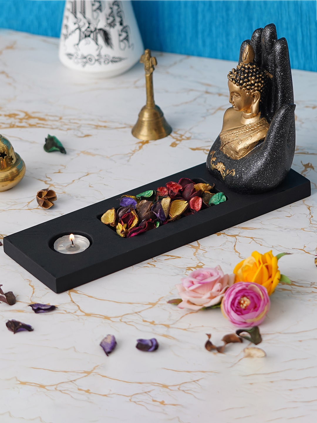 

eCraftIndia Black & Gold-Toned Textured Gautam Buddha Showpieces With Tea-Light Holder