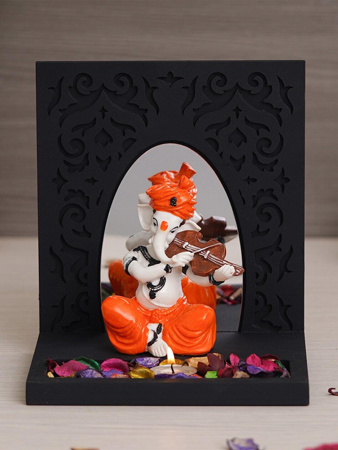 

eCraftIndia Black & Orange Ganesha Idol Showpiece With Tea Light holder