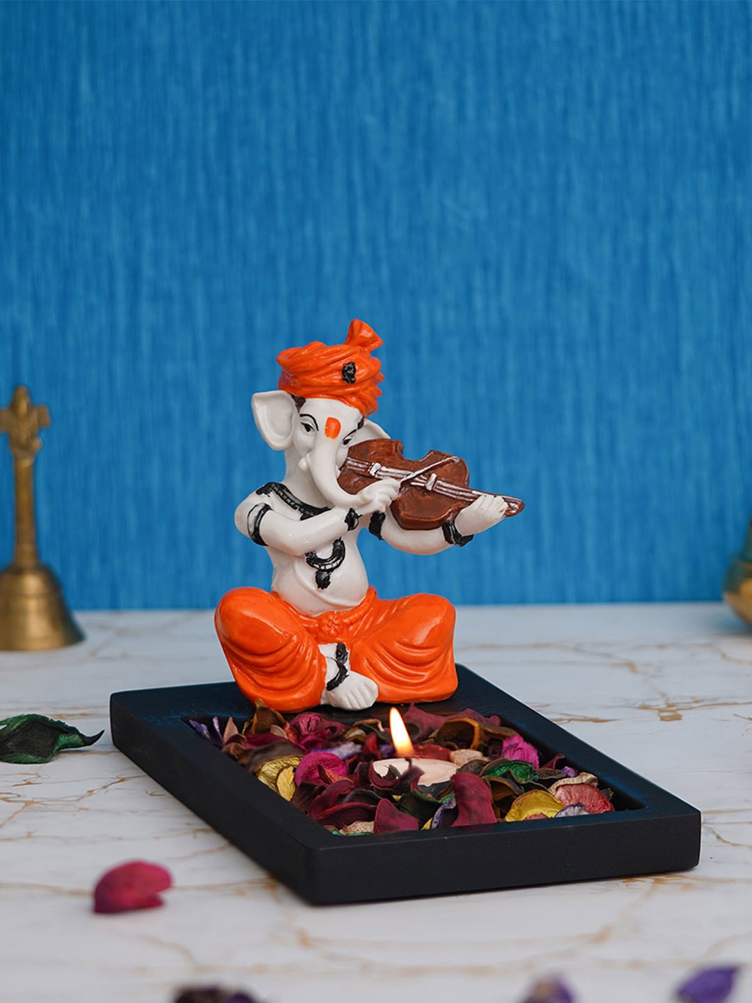 

eCraftIndia Black & Orange Ganesha Playing Violin Showpiece with Rectangle Wooden Base Plate