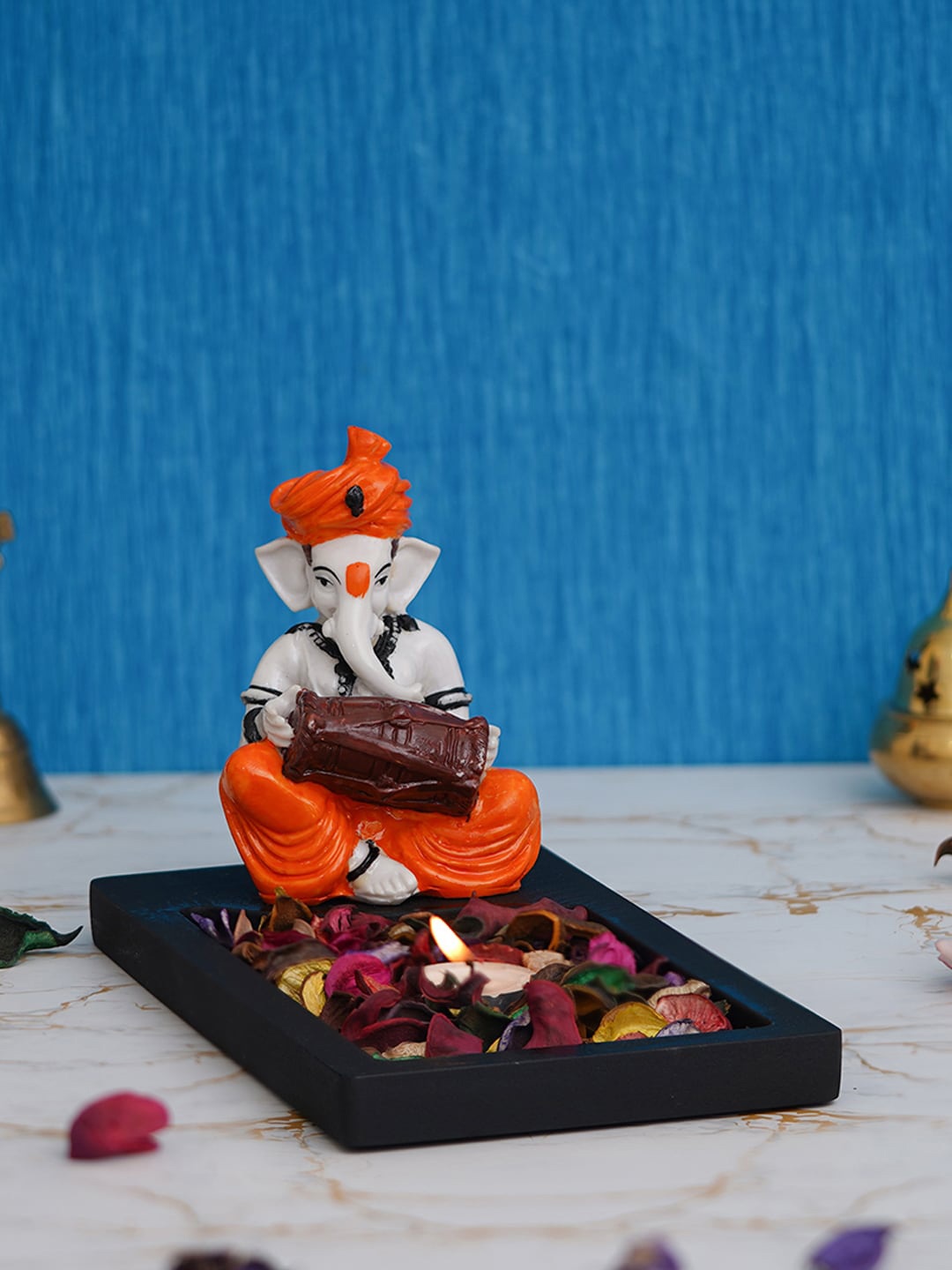 

eCraftIndia Orange & Black Ganesha Playing Dholak Showpiece with Rectangle Wooden Base Plate