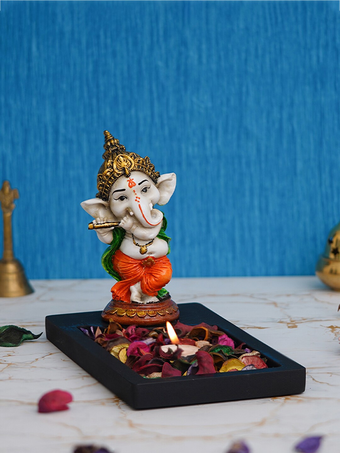 

eCraftIndia Black & Orange Textured Lord Ganesha Showpieces With Tea-Light Holder