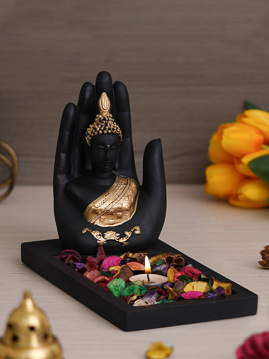 

eCraftIndia Black & Gold-Toned Palm Buddha Showpiece With Tea Light Holder