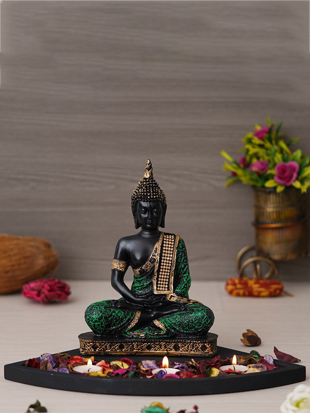 

eCraftIndia Black & Green Monk Budda Idol with Holder Showpiece