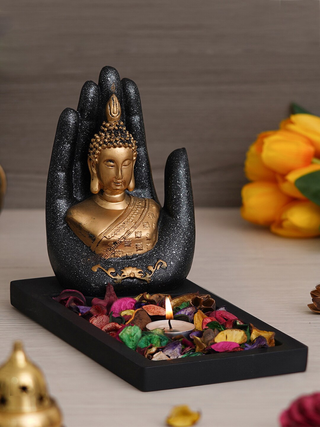

eCraftIndia Black & Gold Textured Gautam Buddha Showpieces With Tea-Light Holder