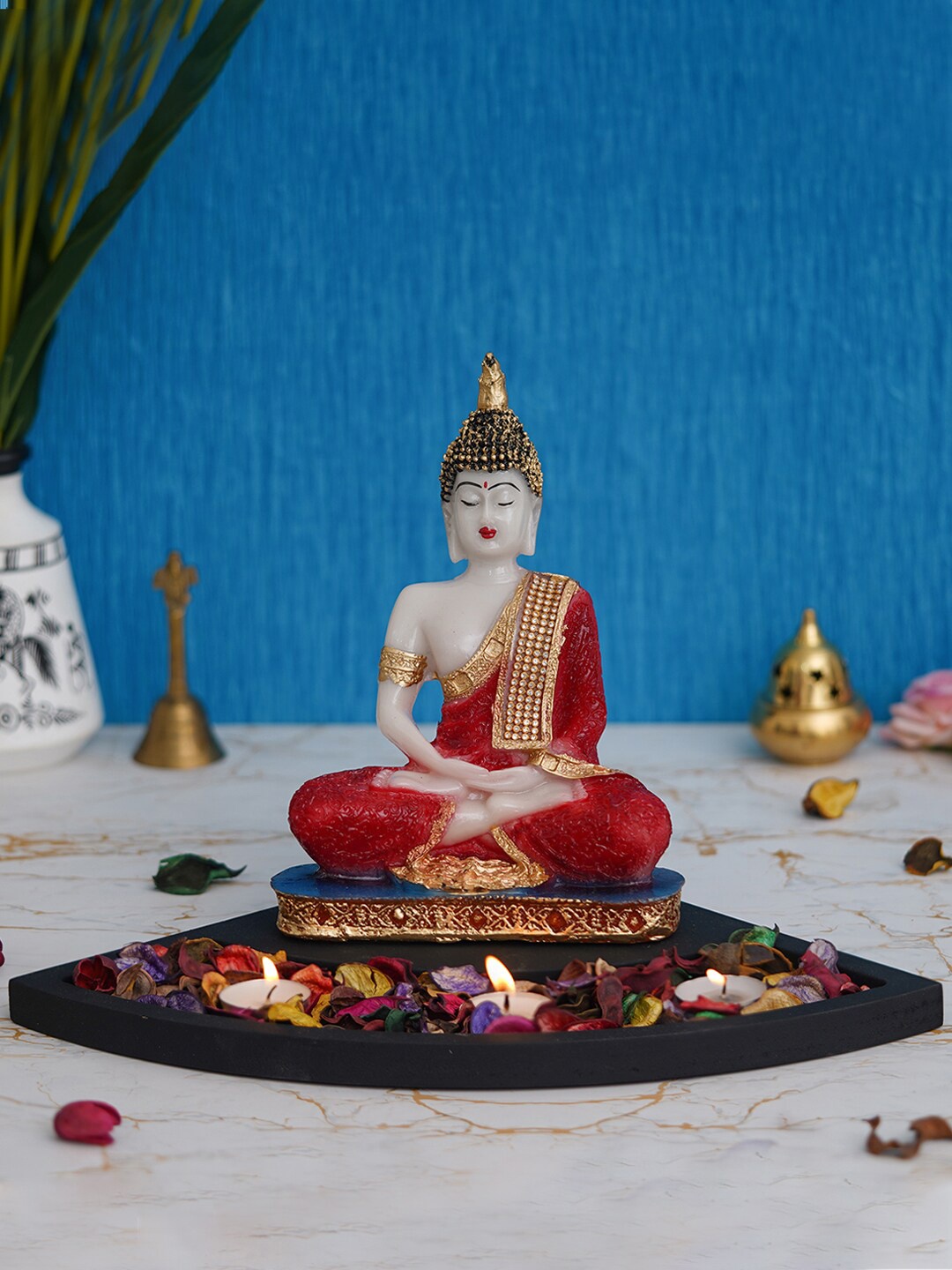 

eCraftIndia Black & Red Monk Budda Idol with Wooden Holder Showpiece Tea Light Holder