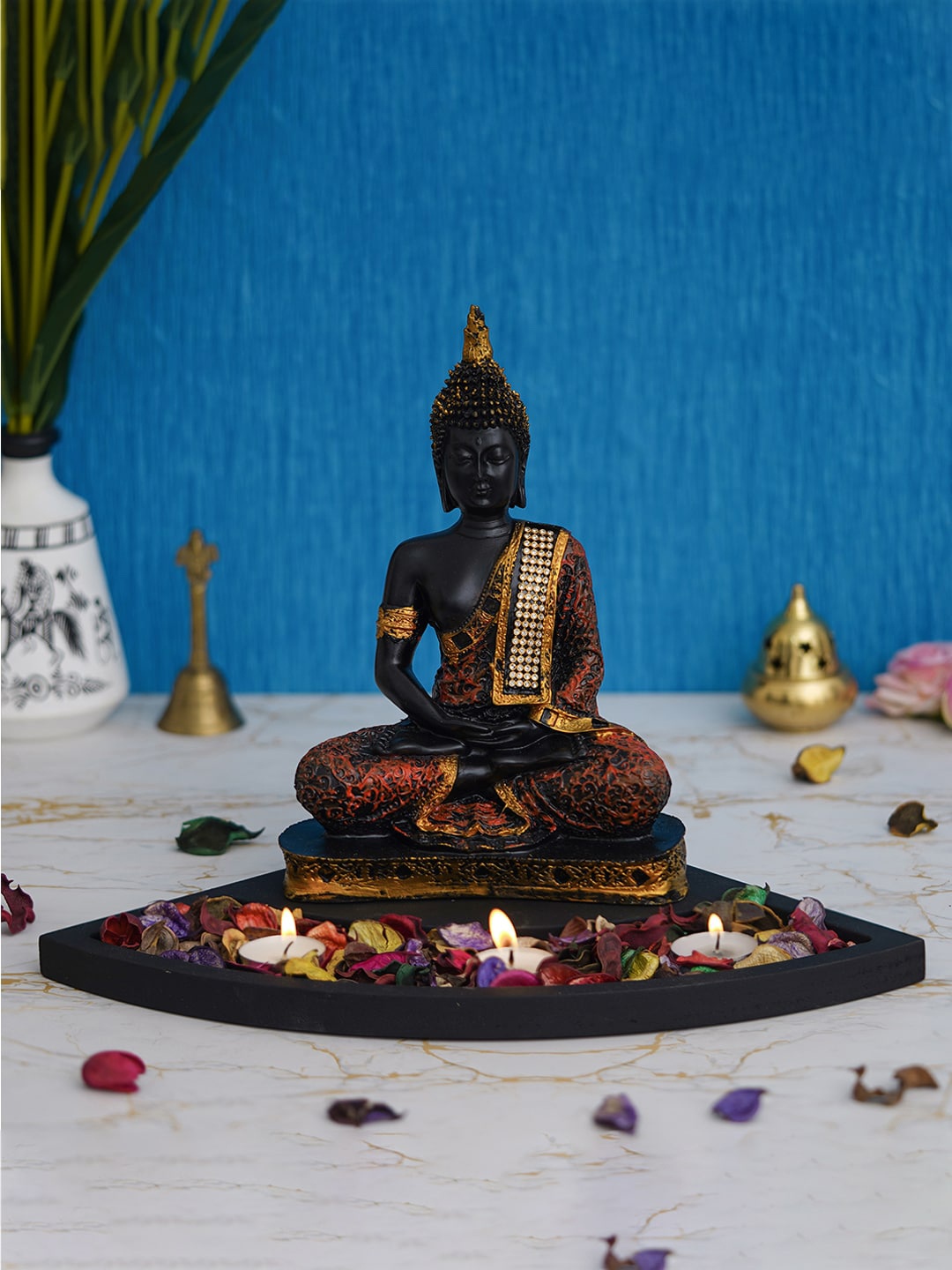 

eCraftIndia Black & Gold Buddha Idol Showpiece With Tea Light Holder