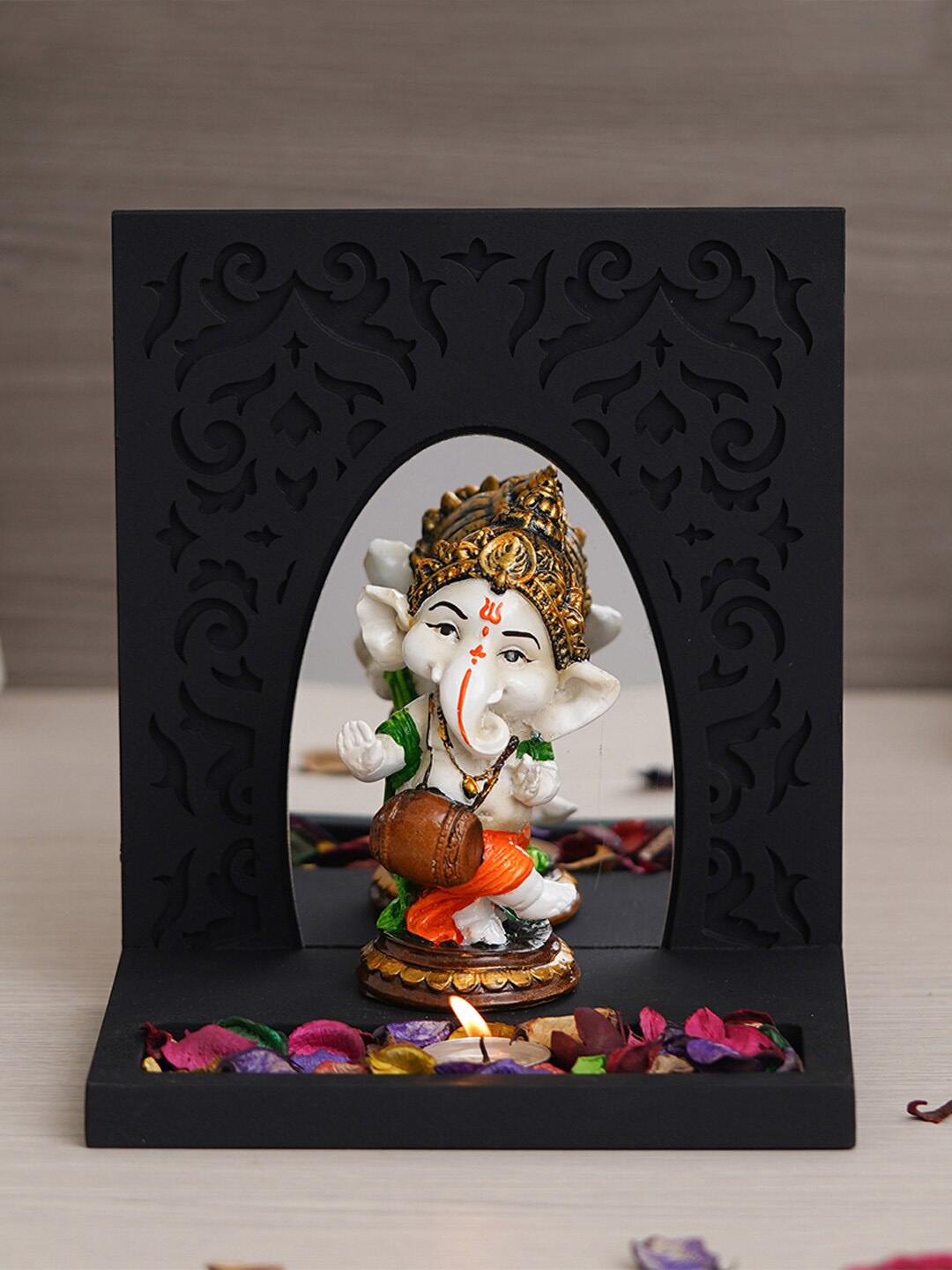 

eCraftIndia Gold & White Baal Ganesha Playing Dholak Showpiece, Black