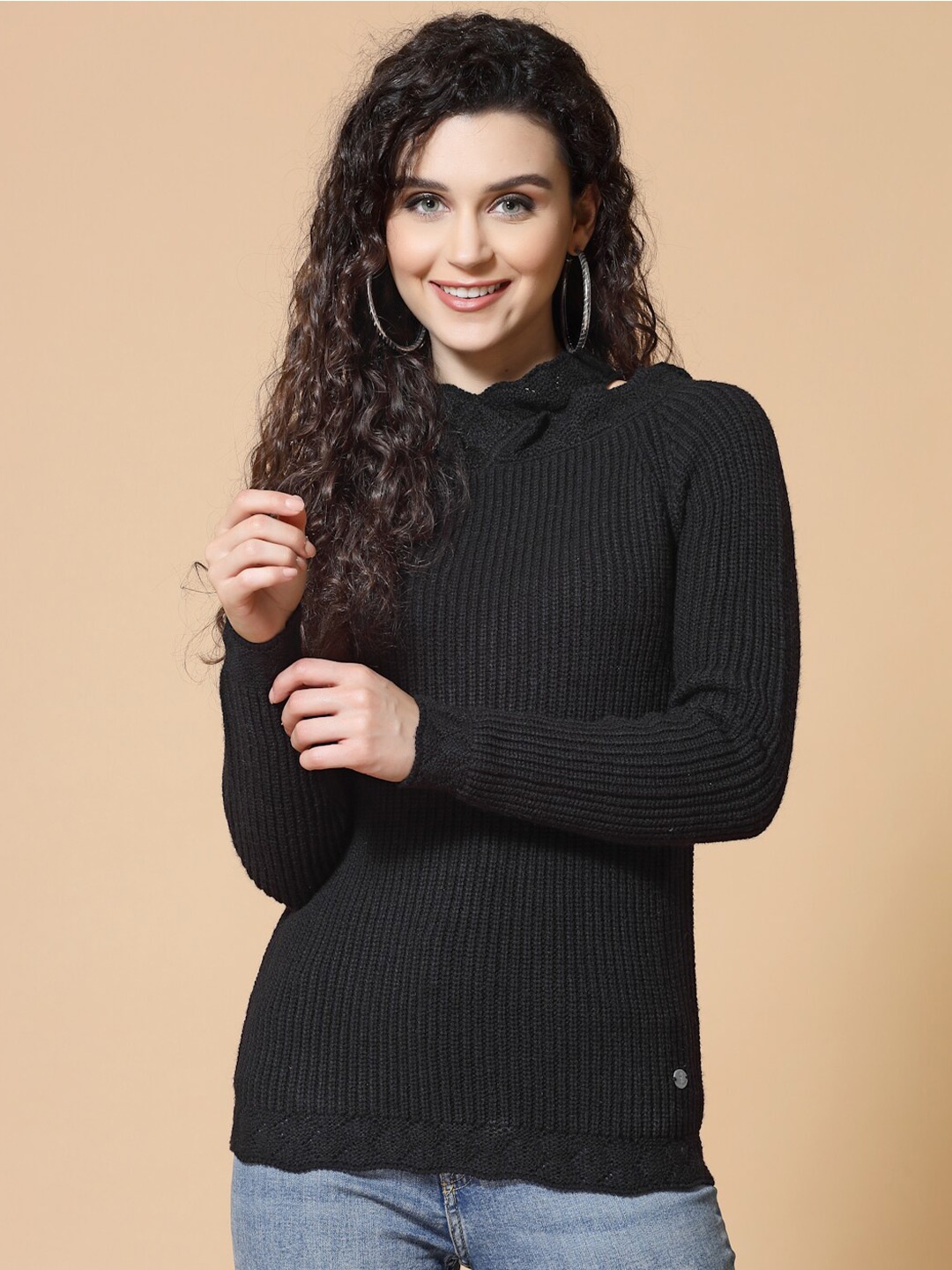 

Wool Trees Women Ribbed Acrylic Pullover, Black