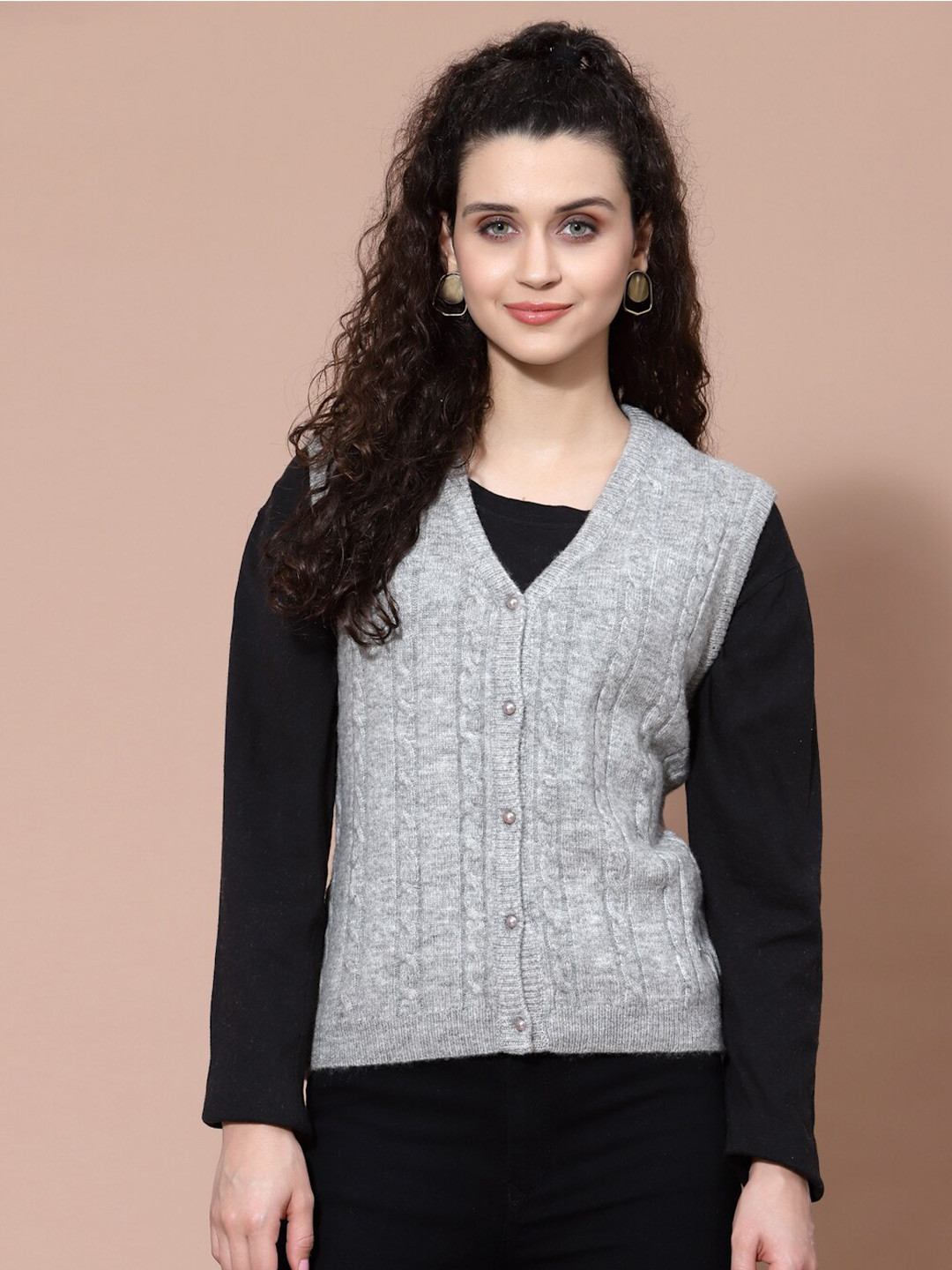 

Wool Trees Cable Knit Cardigan Sleeveless Acrylic Sweaters, Grey