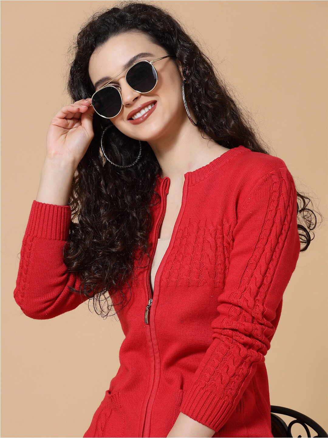

Wool Trees Women Cable Knit Cardigan, Red