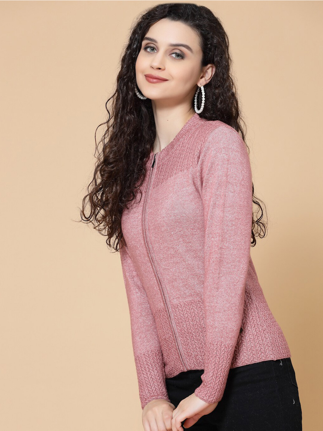 

Wool Trees Cable Knit Cardigan Acrylic Self Design, Pink