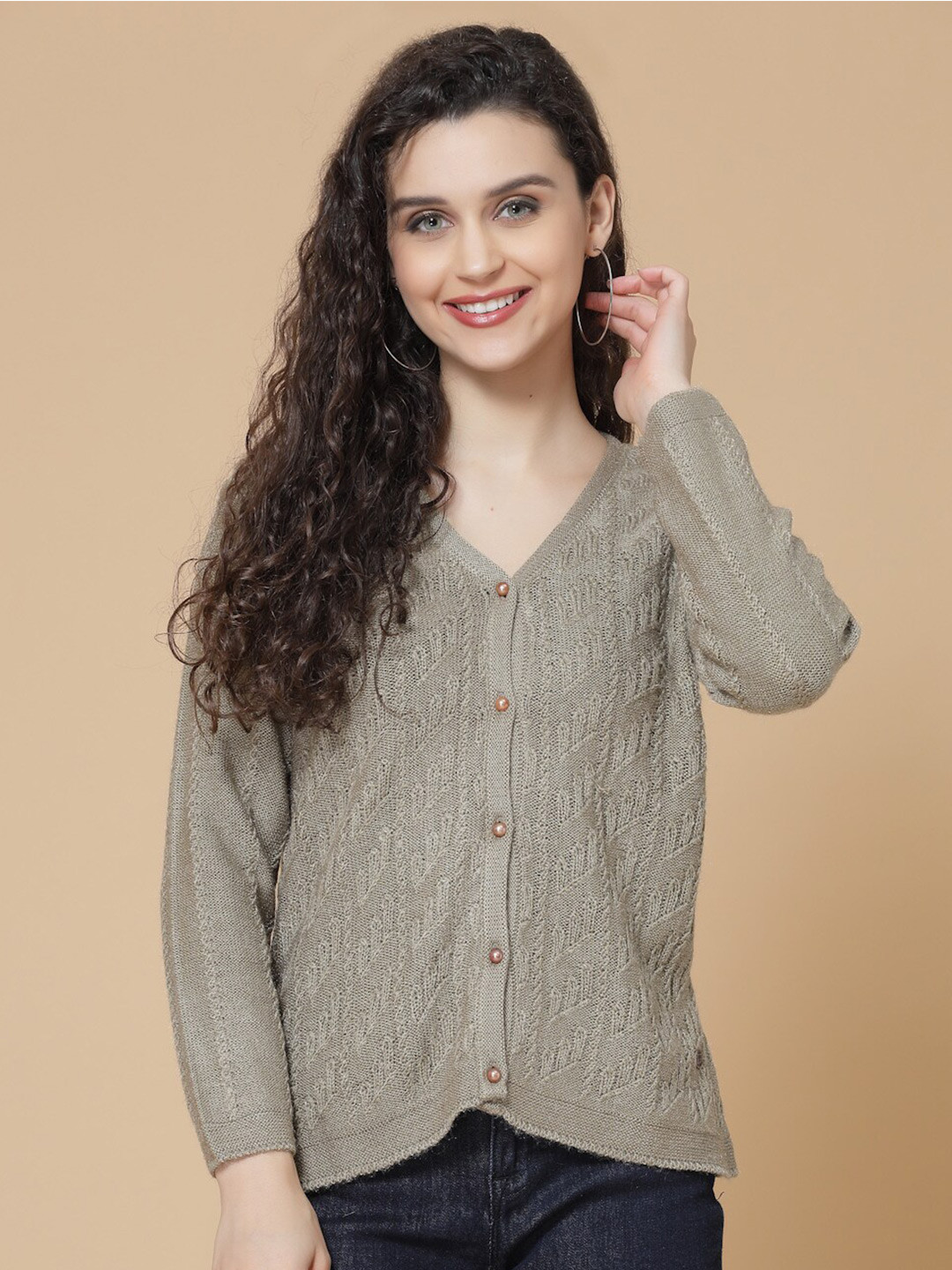 

Wool Trees Cable Knit Cardigan Self Design Acrylic Sweaters, Camel brown