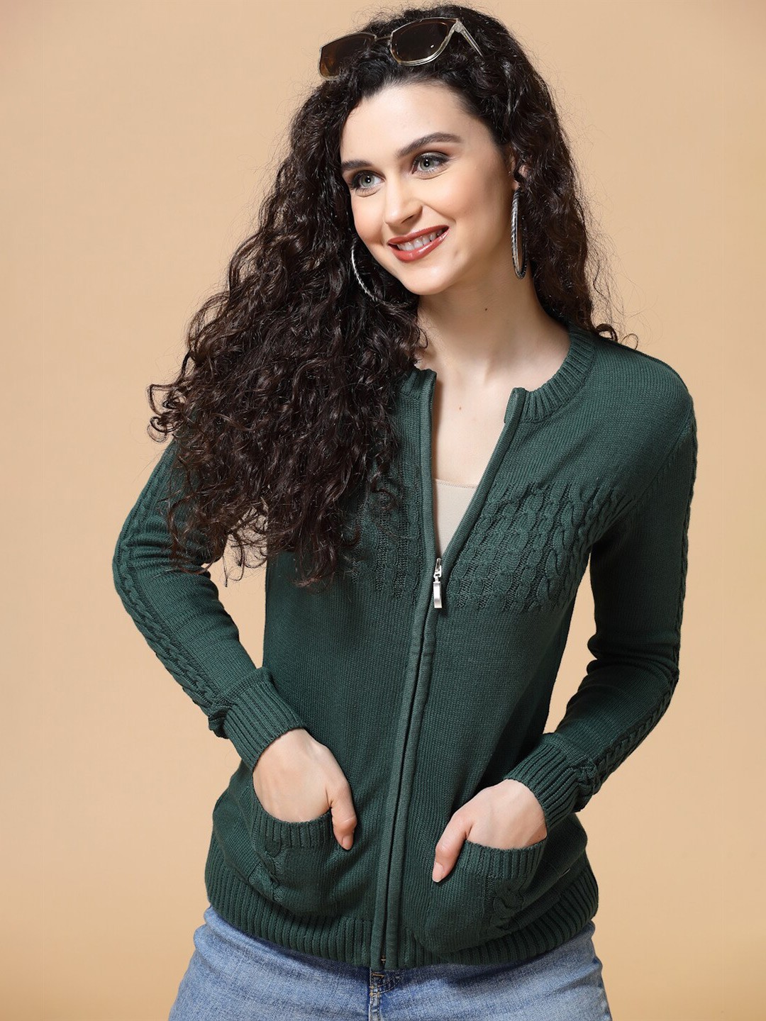 

Wool Trees Women Cable Knit Cardigan, Green