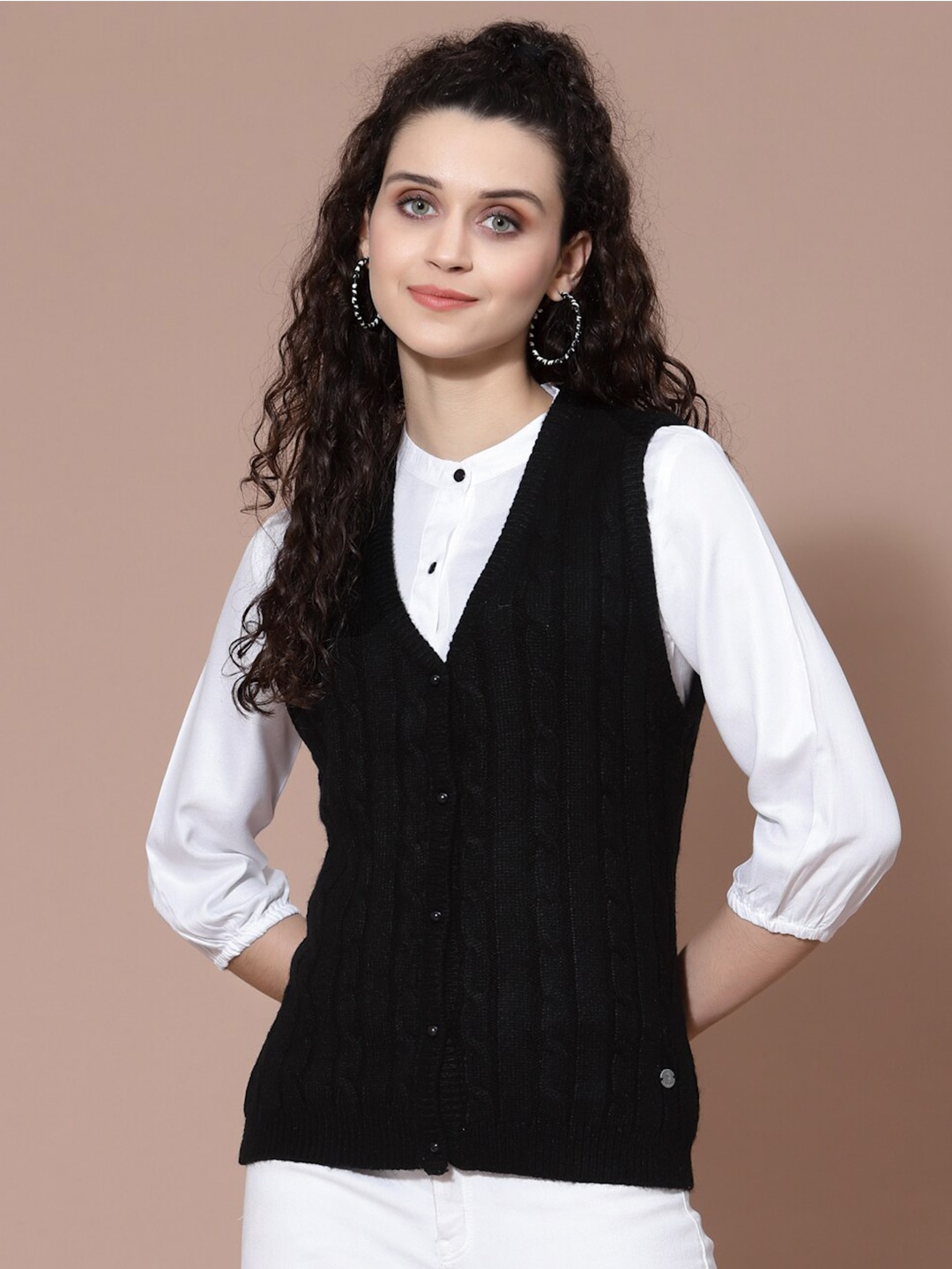 

Wool Trees Cable Knit Cardigan Self Design Sweaters, Black