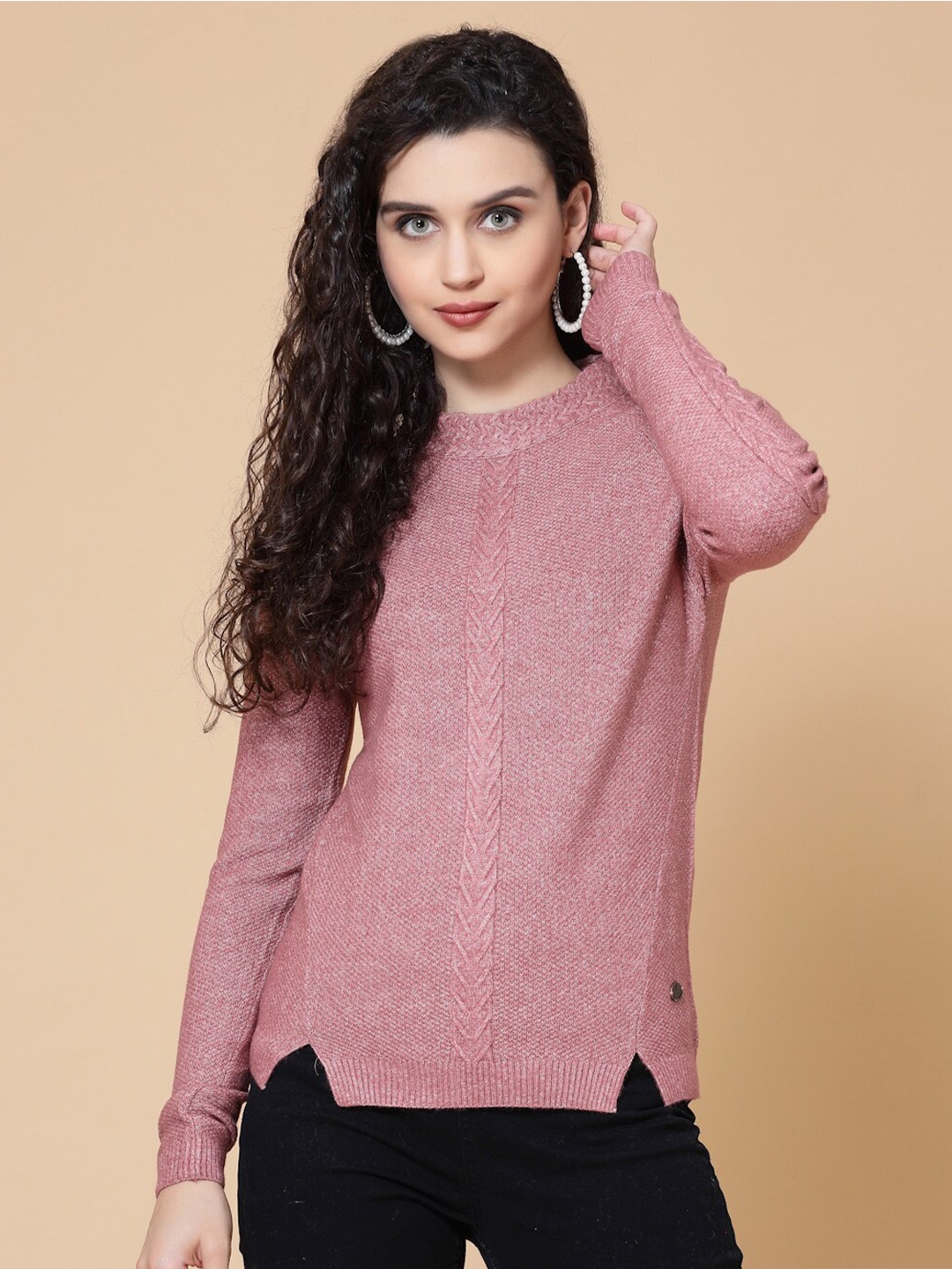 

Wool Trees Self Design Cable Knit Pullover Ribbed Acrylic Sweaters, Pink
