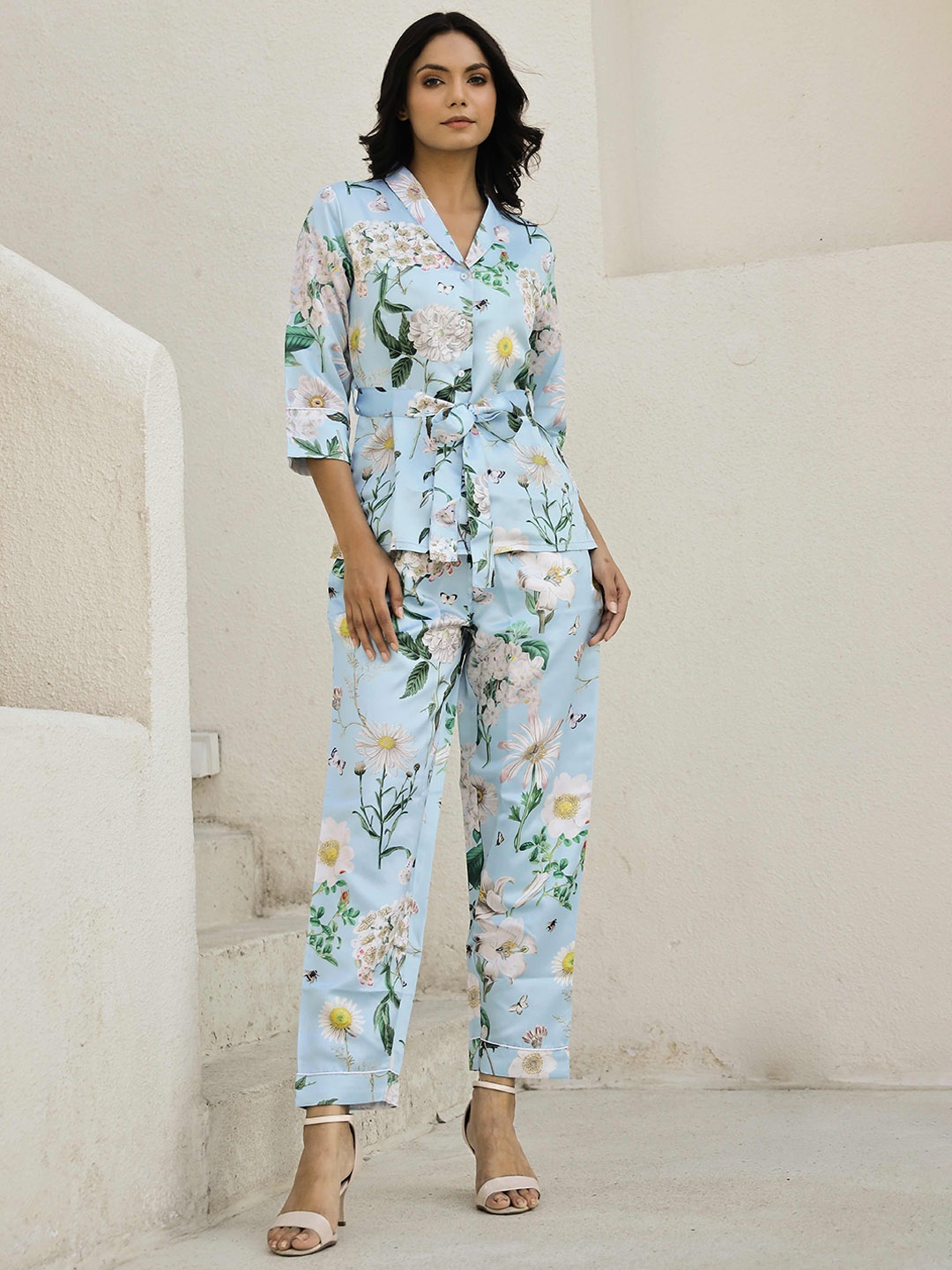 

SANSKRUTIHOMES Women Printed Satin Night suit, Blue