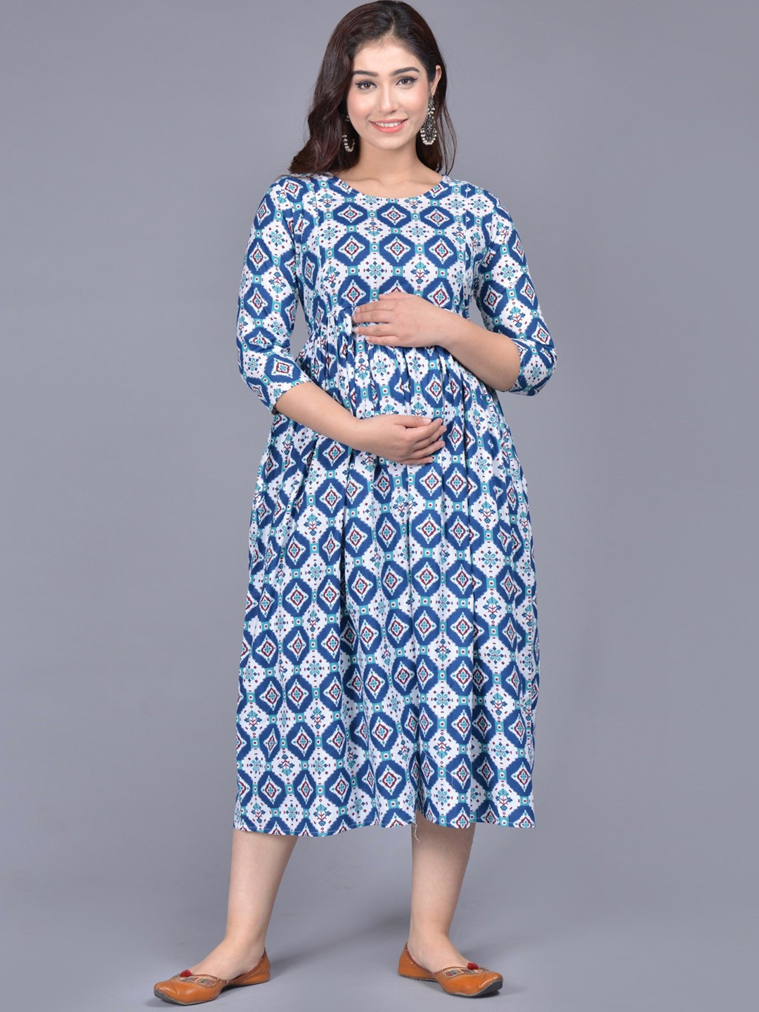 ROOPWATI FASHION Ethnic Motifs Maternity Round Neck Midi Cotton Dress, Navy blue