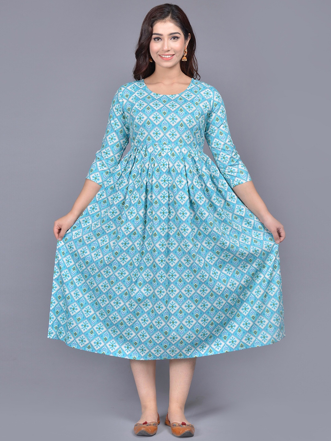 

ROOPWATI FASHION Women Turquoise Blue Ethnic Motifs Printed Thread Work Floral Maternity Kurta