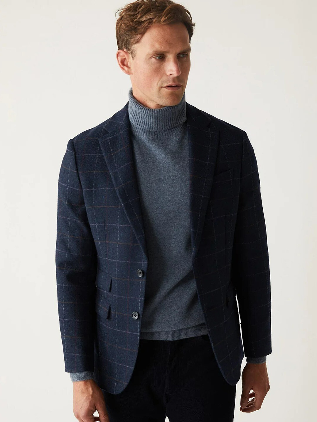 

Marks & Spencer Men Checked Single-Breasted Blazers, Navy blue