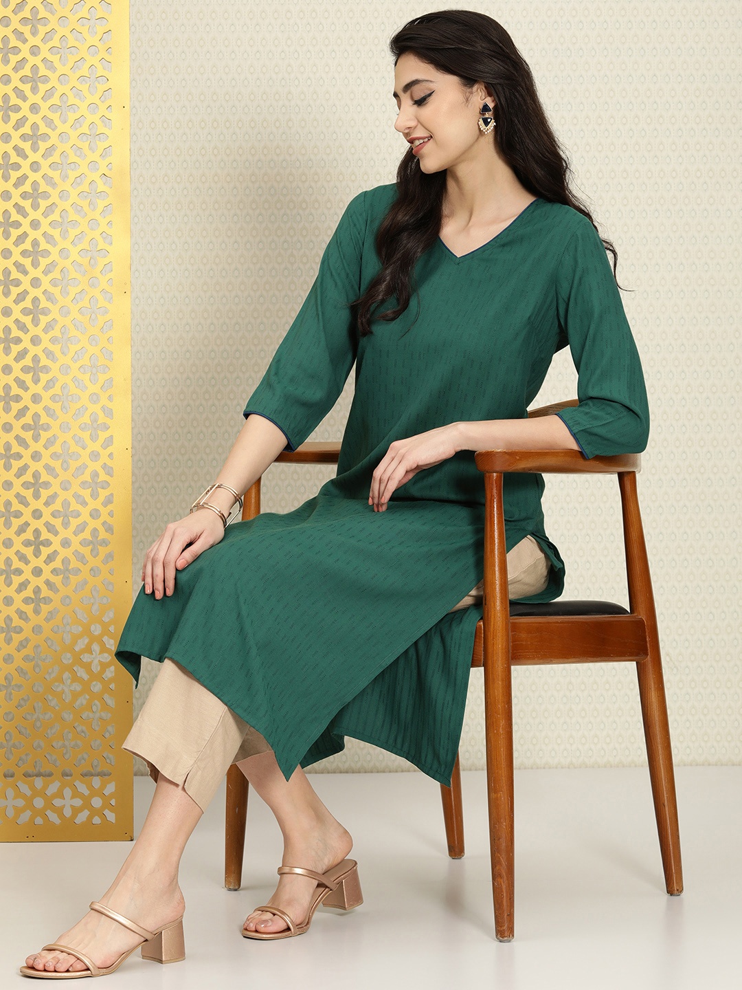 

House of Pataudi Women Striped Rozana Kurta, Green