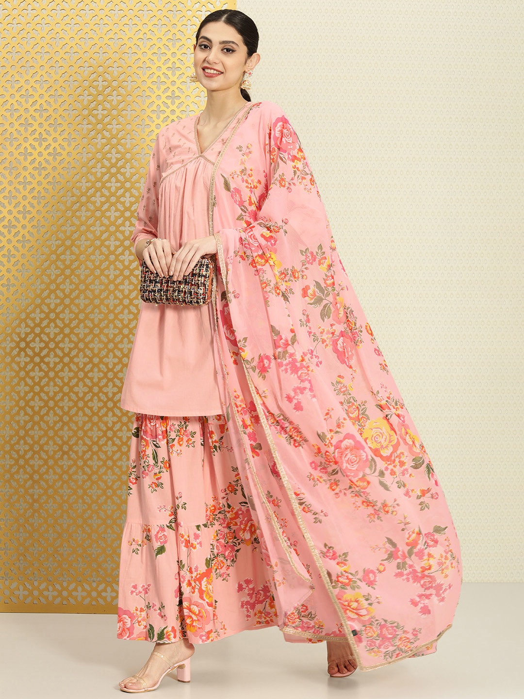 

House of Pataudi Women Pure Cotton Floral Empire Jashn Kurta with Sharara & Dupatta, Pink