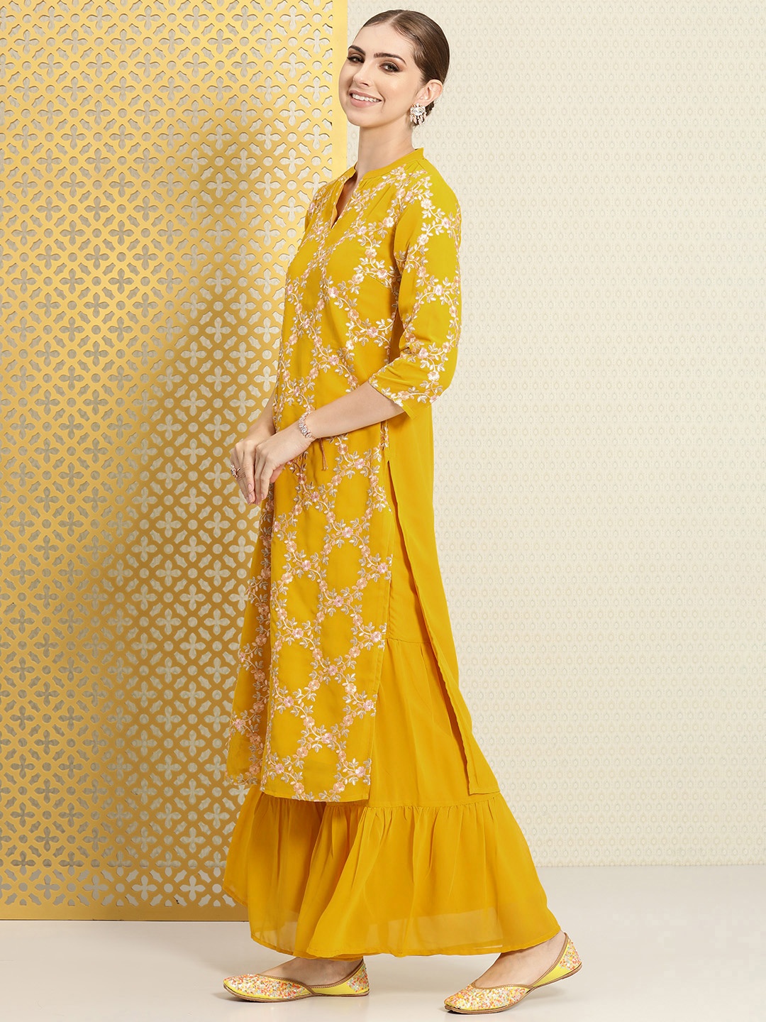 

House of Pataudi Women Floral Embroidered Sequined Jashn Kurta With Sharara & Dupatta, Yellow