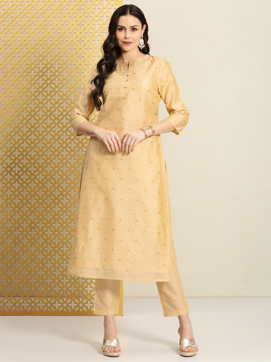 

House of Pataudi Women Woven Design Regular Jashn Kurta with Trousers, Cream