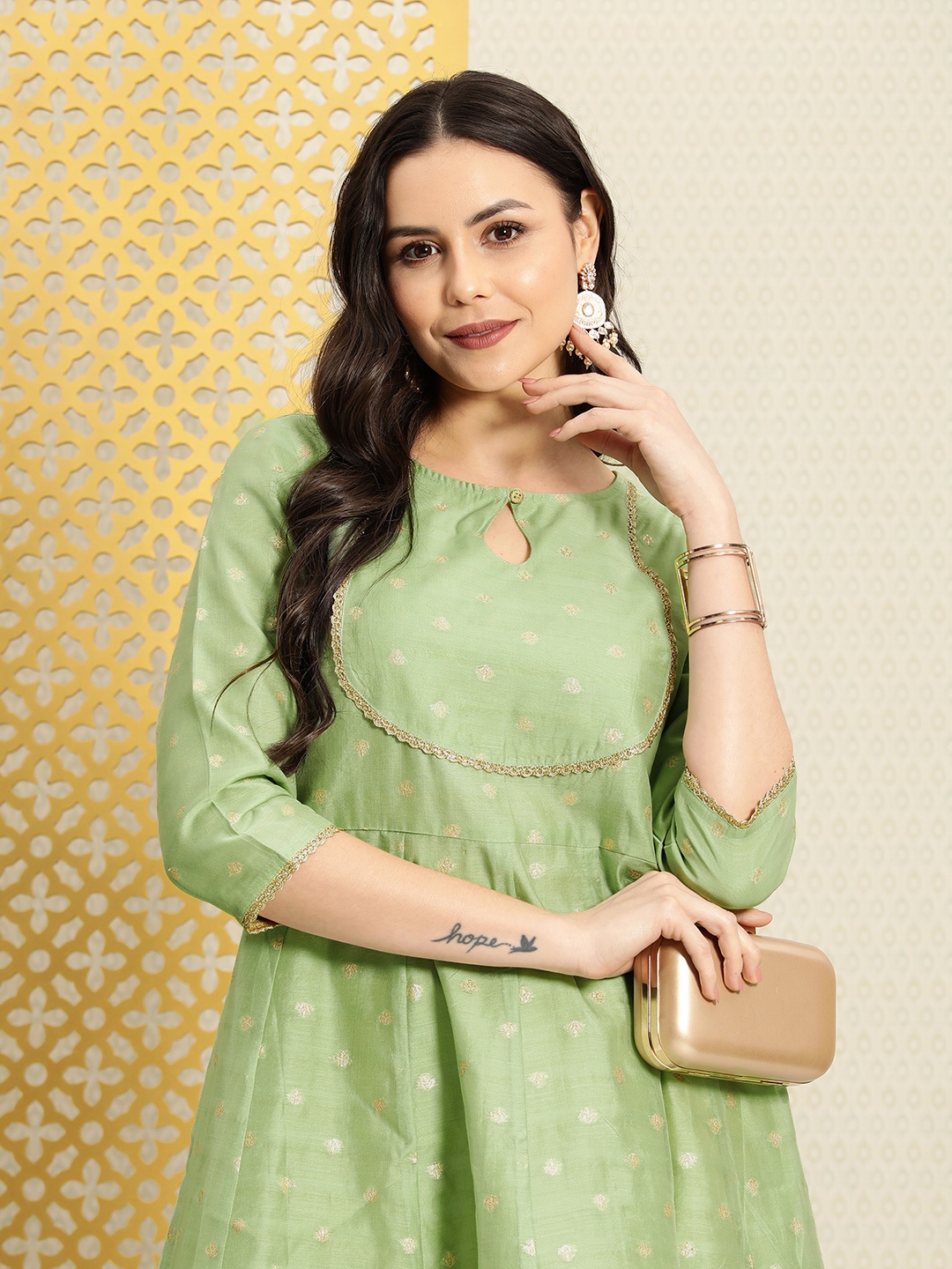 

House of Pataudi Women Pastel Ethnic Motifs Keyhole Neck Jashn Anarkali Kurta, Green