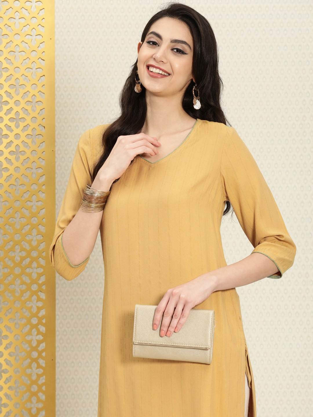 

House of Pataudi Women Striped Pastels Rozana Kurta, Yellow