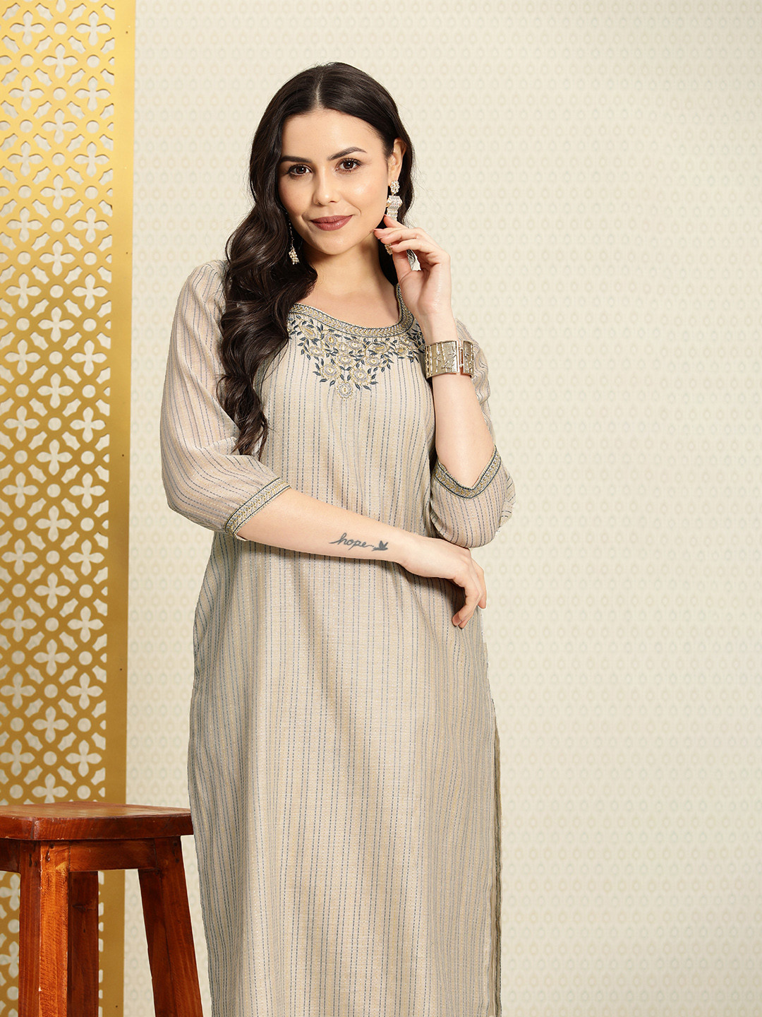 

House of Pataudi Women Striped Thread Work Floral Rozana Kurta, Grey