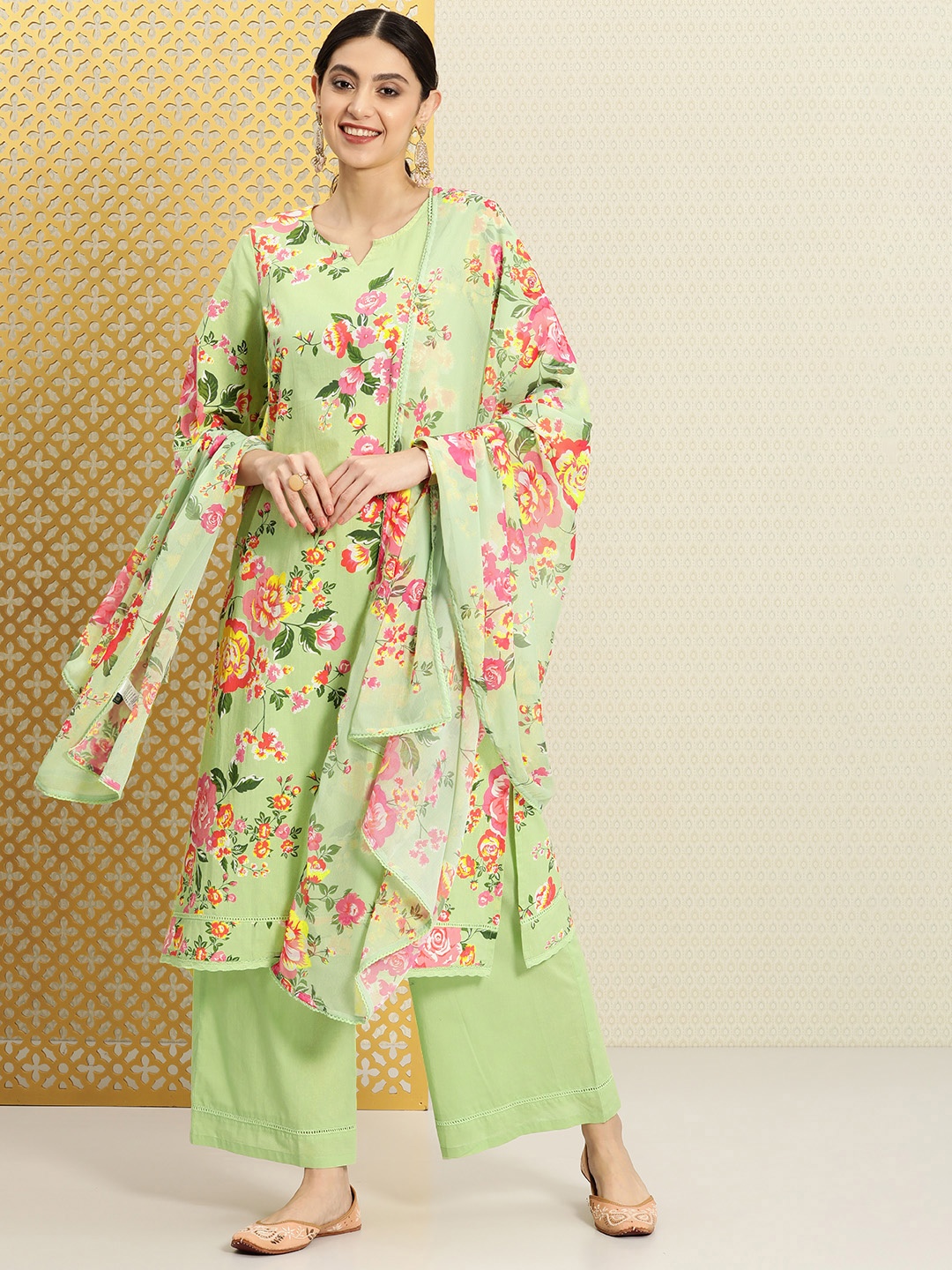

House of Pataudi Floral Printed Regular Pure Cotton Jashn Kurta with Palazzos & Dupatta, Green