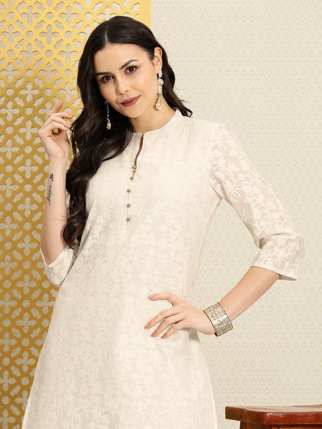 

House of Pataudi Women Woven Design Pastels Regular Jashn Kurta, Off white