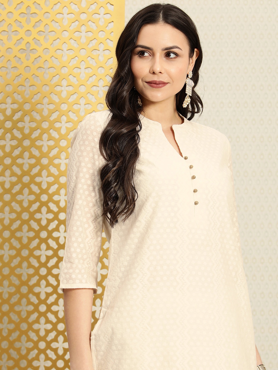 

House of Pataudi Women Woven Design Pastels Regular Jashn Kurta, Off white