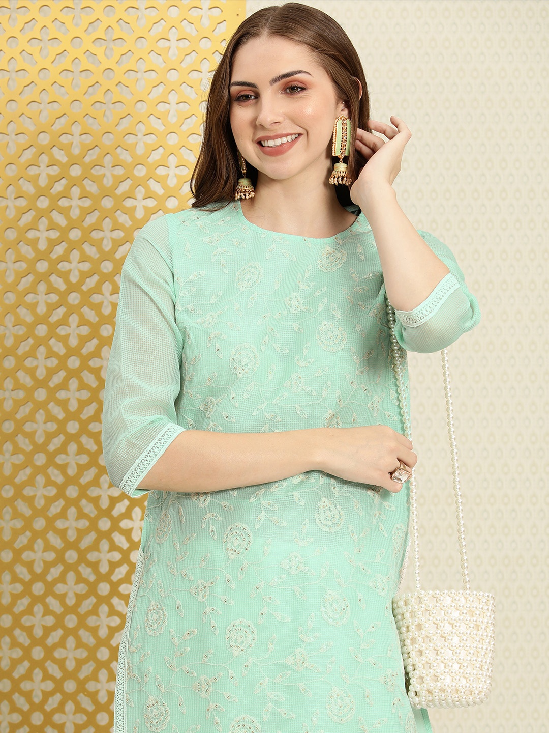 

House of Pataudi Ethnic Motifs Embroidered And Checked Sequinned Thread Work Jashn Kurta, Green