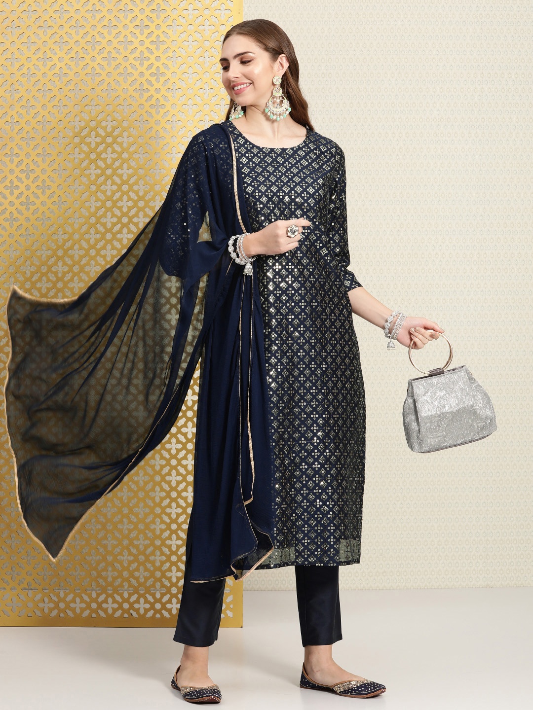 

House of Pataudi Women Sequinned Jashn Kurta With Trousers & Dupatta, Navy blue