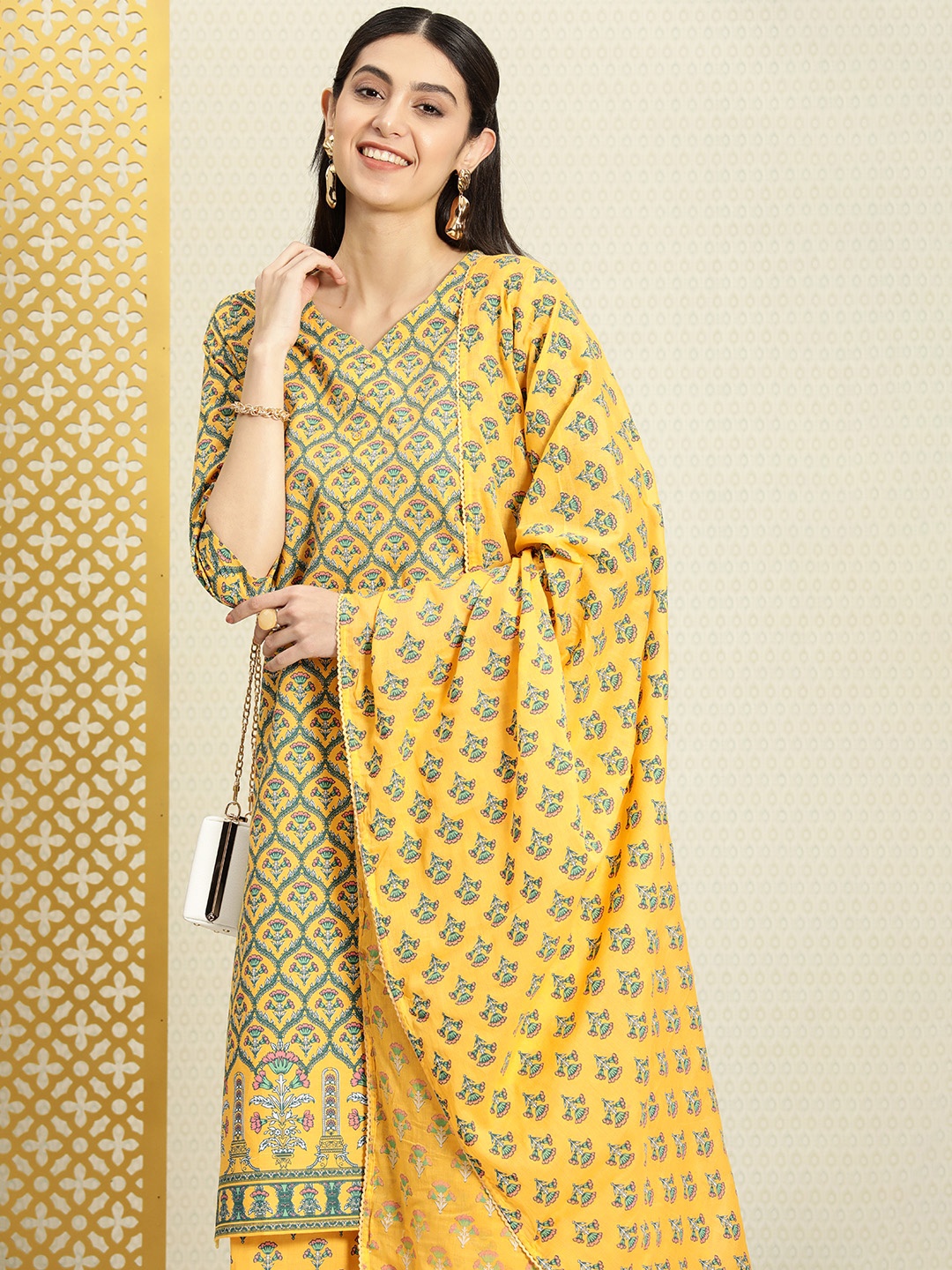 

House of Pataudi Jashn Floral Printed Pure Cotton Kurta & Palazzos With Dupatta, Yellow