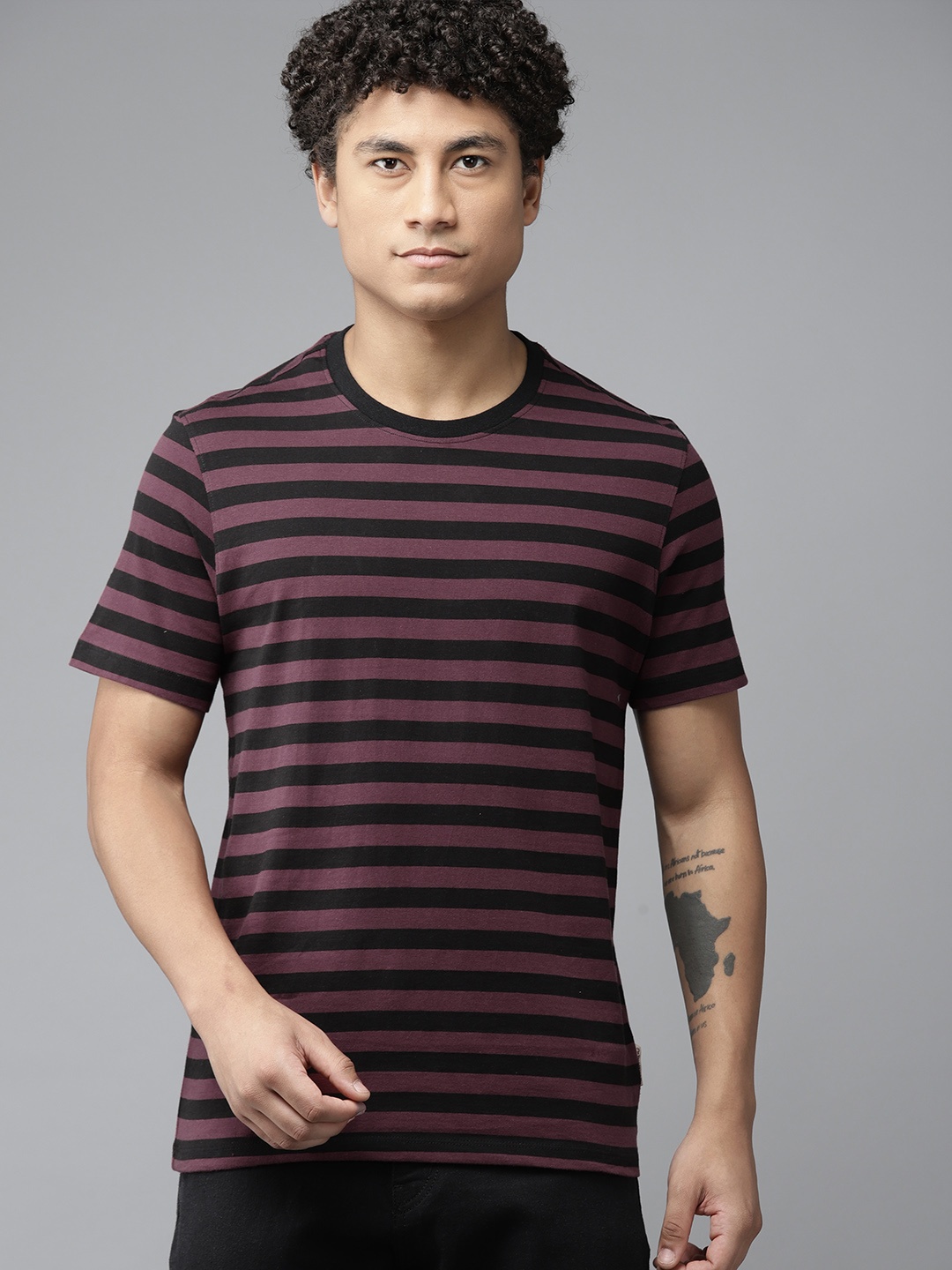 

The Roadster Lifestyle Co. Striped Pure Cotton T-shirt, Burgundy