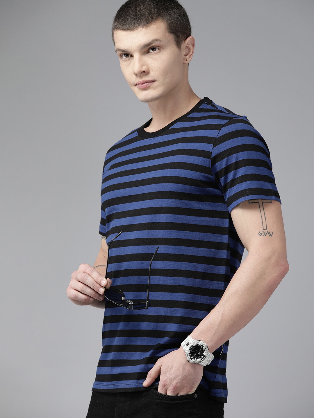 

The Roadster Lifestyle Co. Pure Cotton Striped T-shirt, Blue