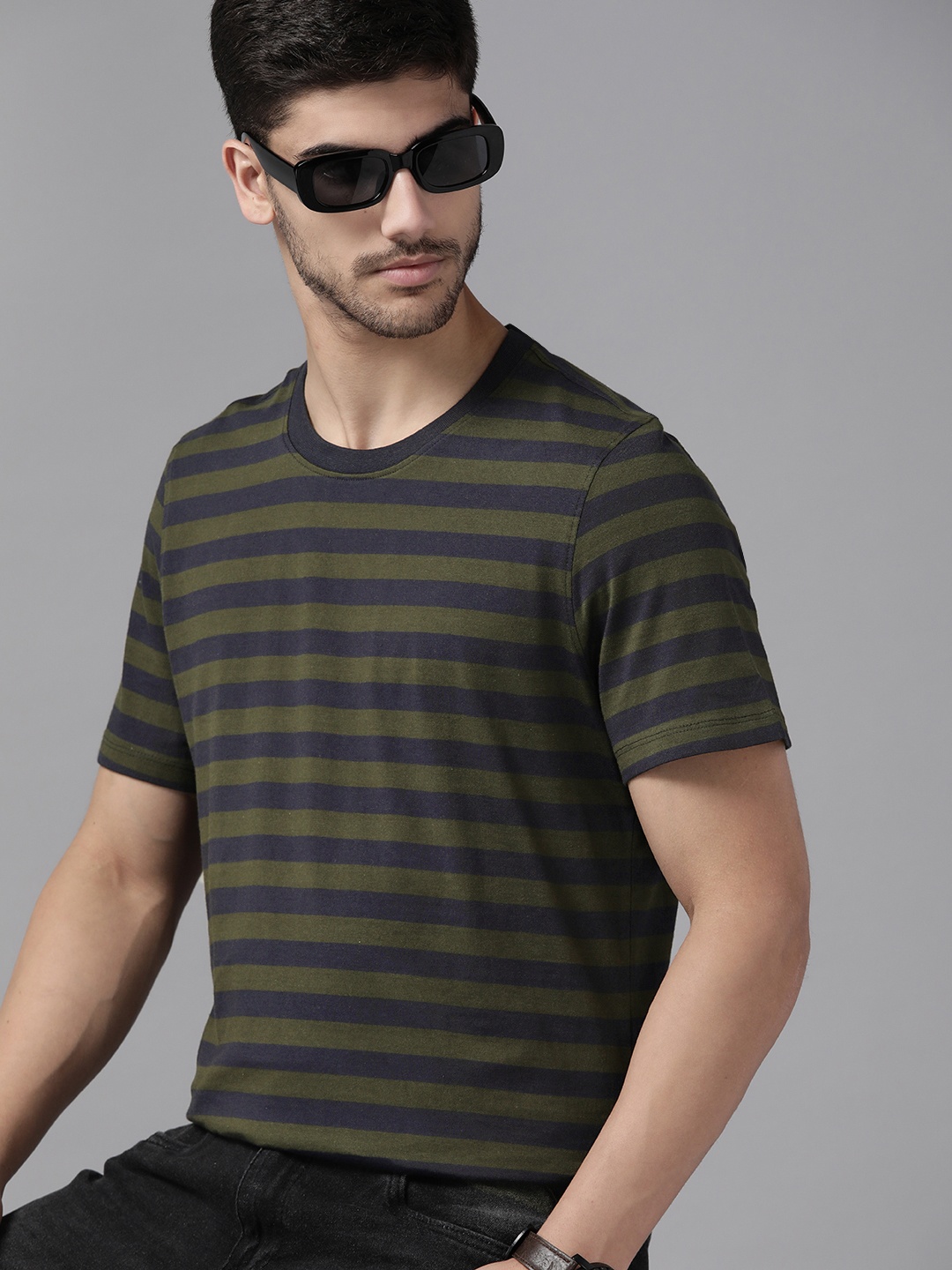 

The Roadster Lifestyle Co. Striped Pure Cotton T-shirt, Olive