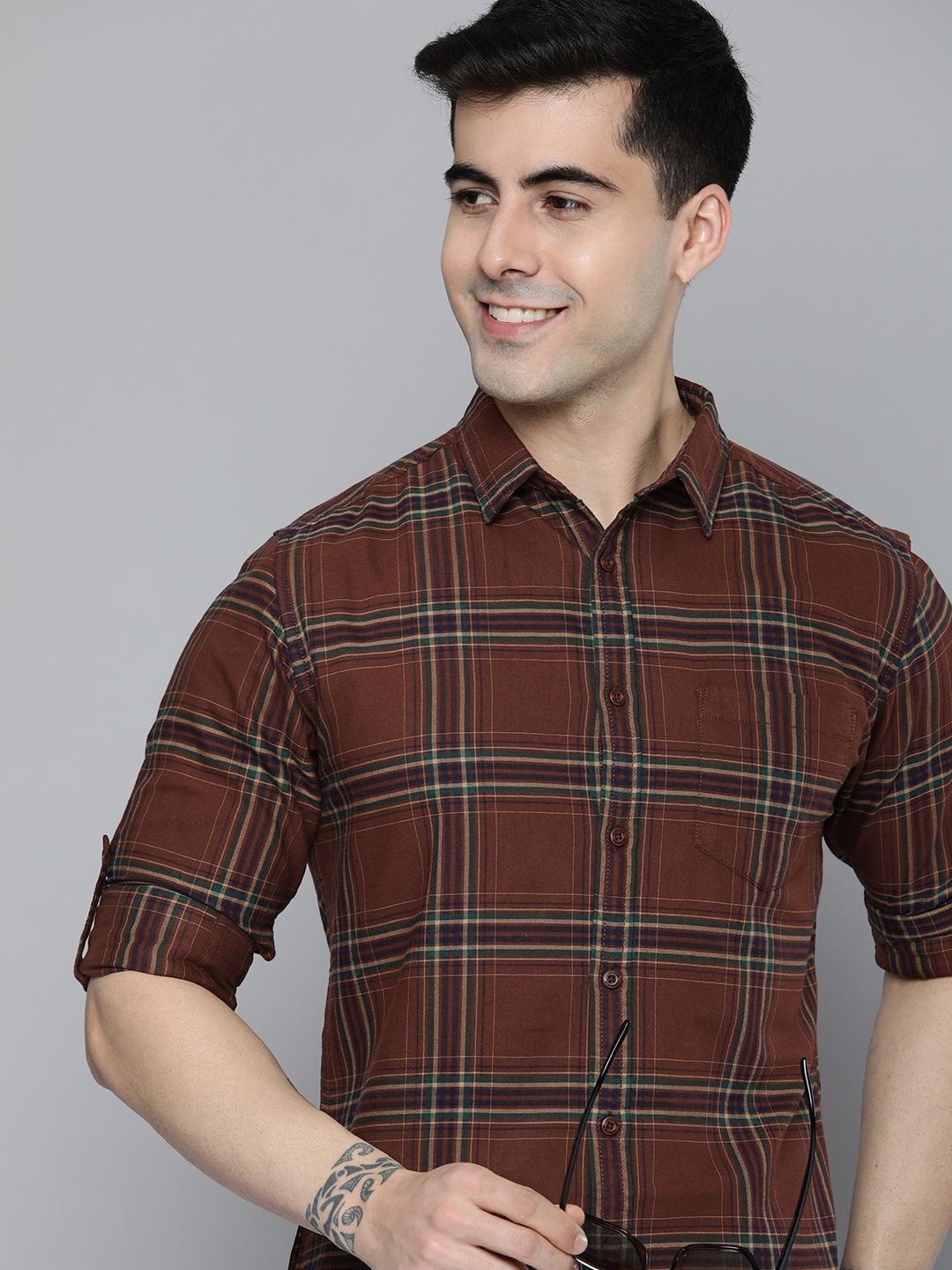 

HERE&NOW Men Windowpane Checked Slim Fit Pure Cotton Casual Shirt, Brown