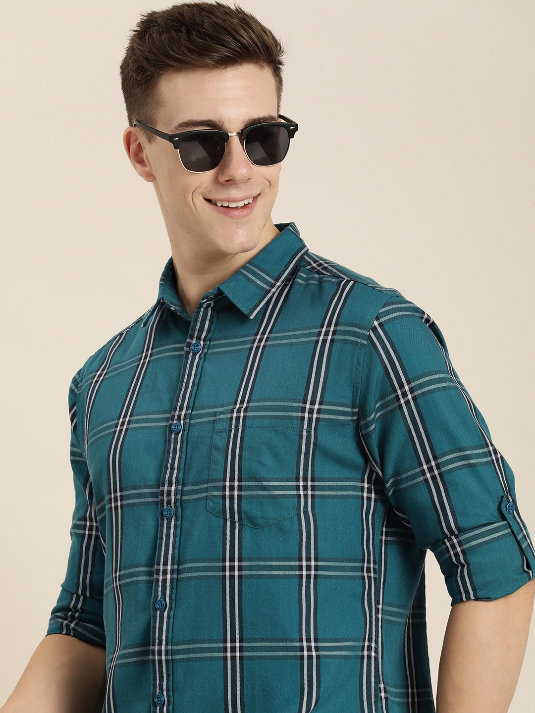 

HERE&NOW Men Pure Cotton Slim Fit Tartan Checks Casual Shirt, Teal