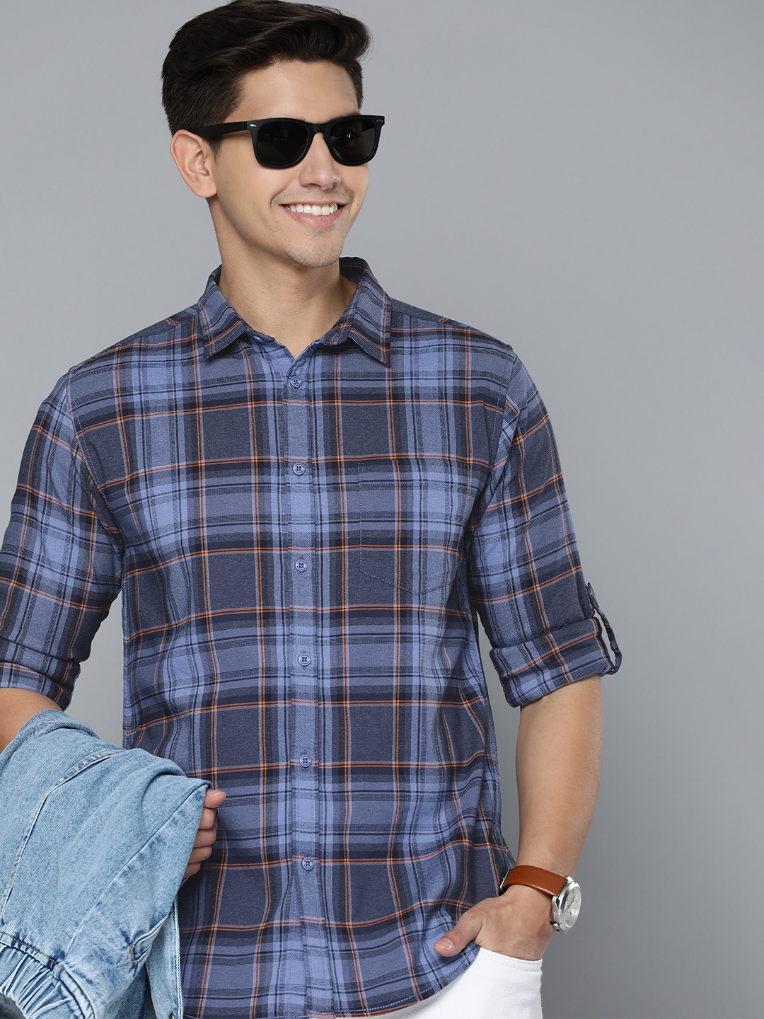 

HERE&NOW Men Slim Fit Checked Casual Shirt, Blue